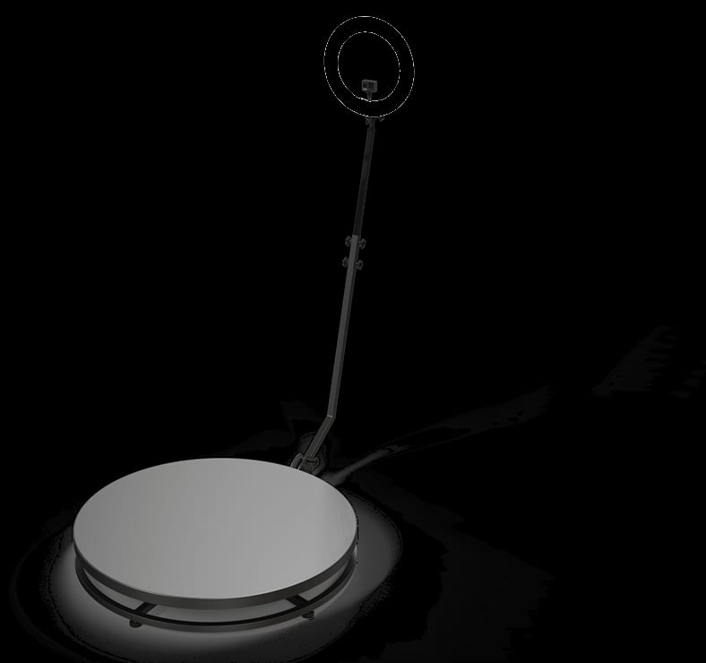 360° video booth — platform with ring light and rotating arm